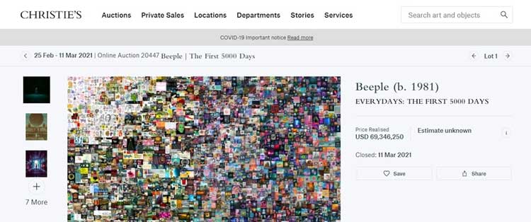 Beeple, vendió su NFT por 69 MDD en la casa de subastas Christie's